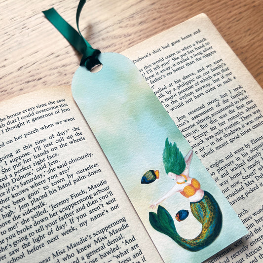 Stripe mermaid bookmark with emerald green ribbon