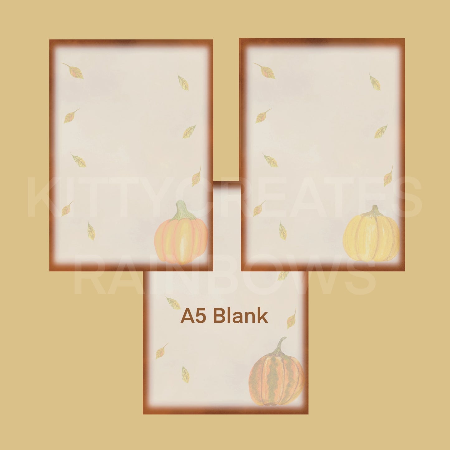 3 images of Fall Forage Pumpkin Writing Papers on a light brown yellow background and a white watermark saying Kitty Creates Rainbows. Text on bottom of image also says in brown text A5 Blank