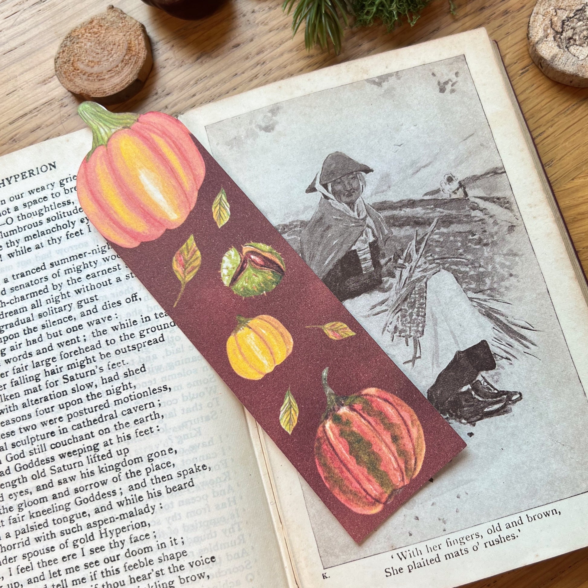 Fall Forage Pumpkin Bookmark featuring two orange and one yellow pumpkins with autmnal leabes tumbling dow the illustrated bookmark. An orange Cinderella pumpkin is cut out at the top, and the bookmark is resting on the open pages of a book with an ink illustration of woman resting whilst working in the fields