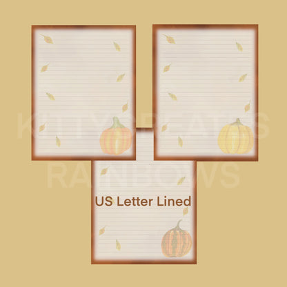 3 images of Fall Forage Pumpkin Writing Papers on a light brown yellow background and a white watermark saying Kitty Creates Rainbows. Text on bottom of image also says in brown text US Letter Lined