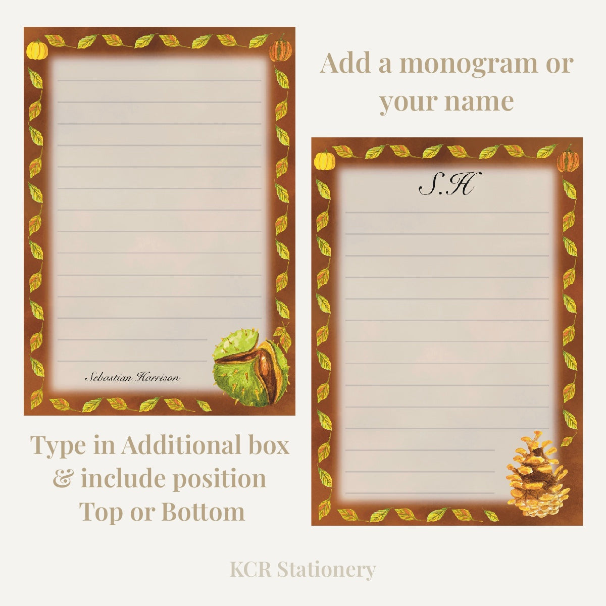 Autumnal notepad custom guide showing how custom name or monogram will look on a notepad page at the top or bottom
