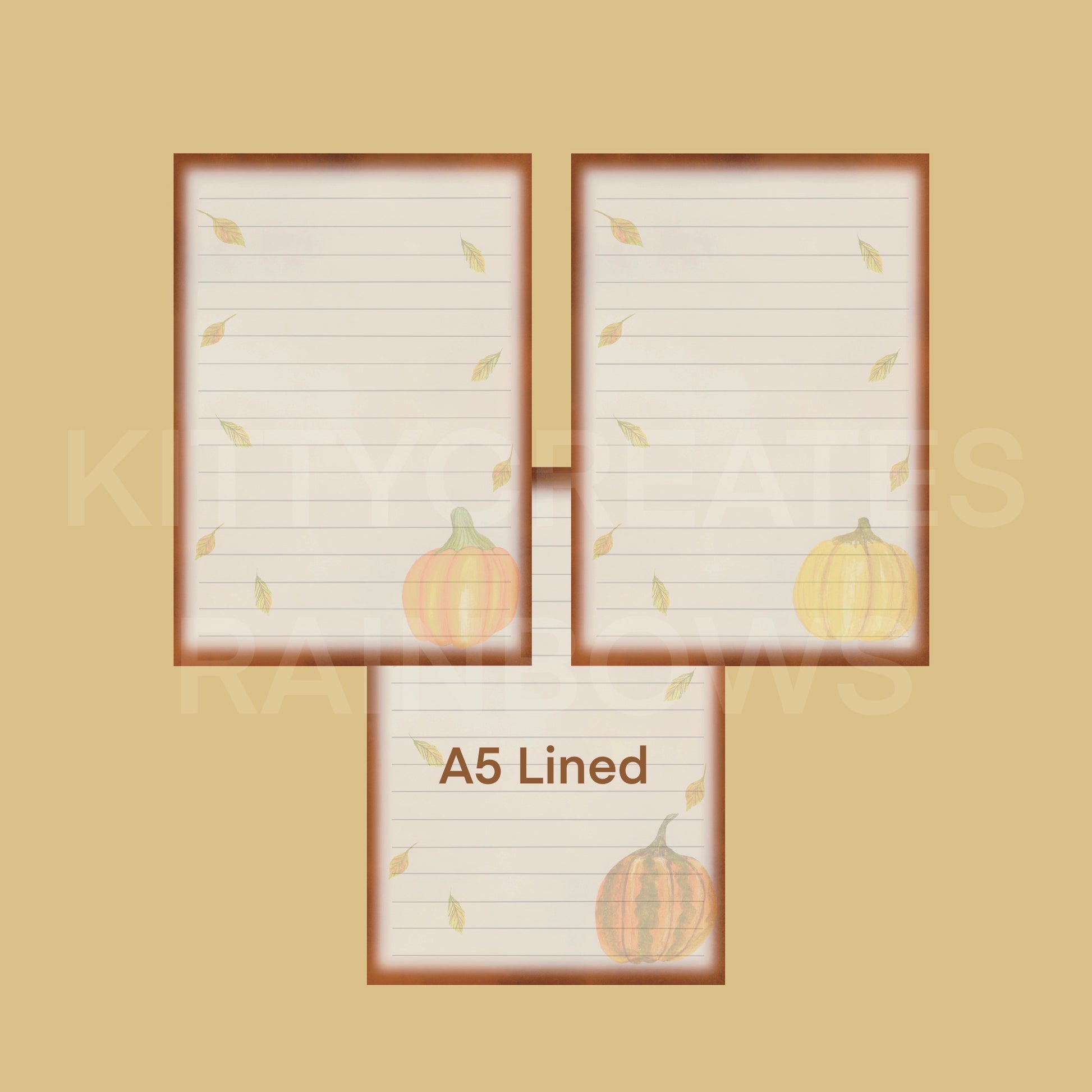 3 images of Fall Forage Pumpkin Writing Papers on a light brown yellow background and a white watermark saying Kitty Creates Rainbows. Text on bottom of image also says in brown text A5 Lined