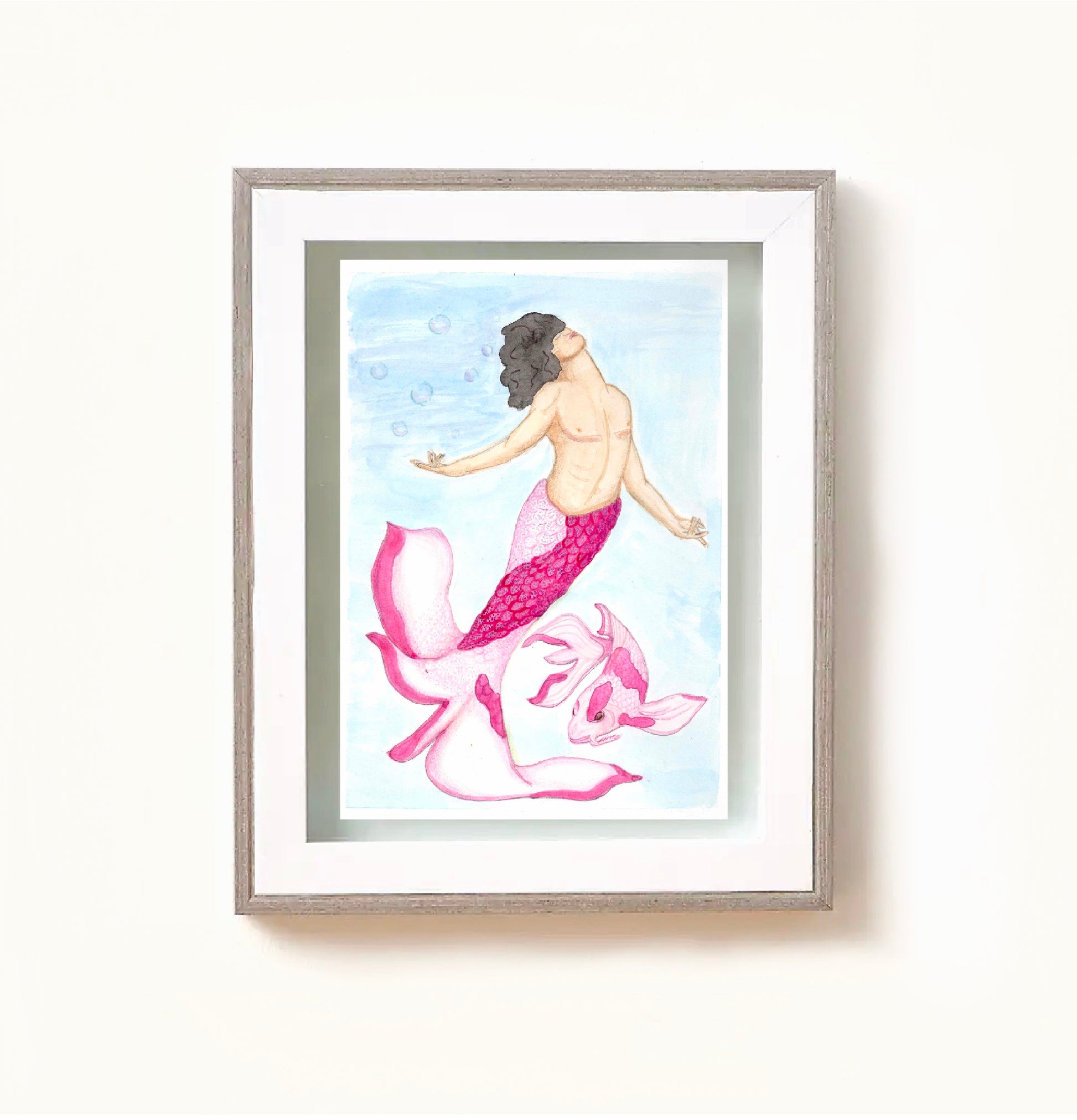 Blossom pink mermaid watercolour painting in a white and white washed wooden frame