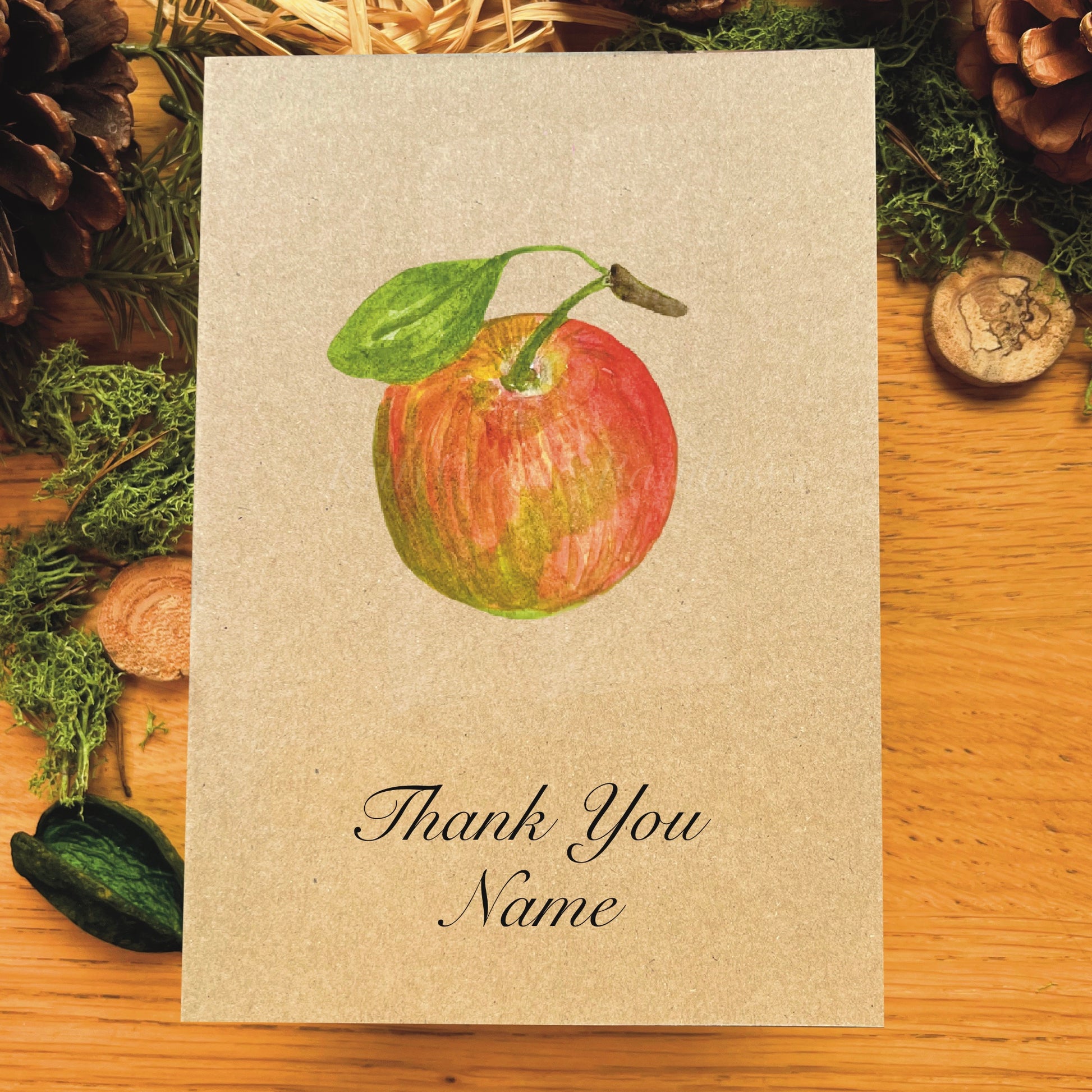 Cox apple watercolour illustrated Manila greetings card with Thank You Name custom text 