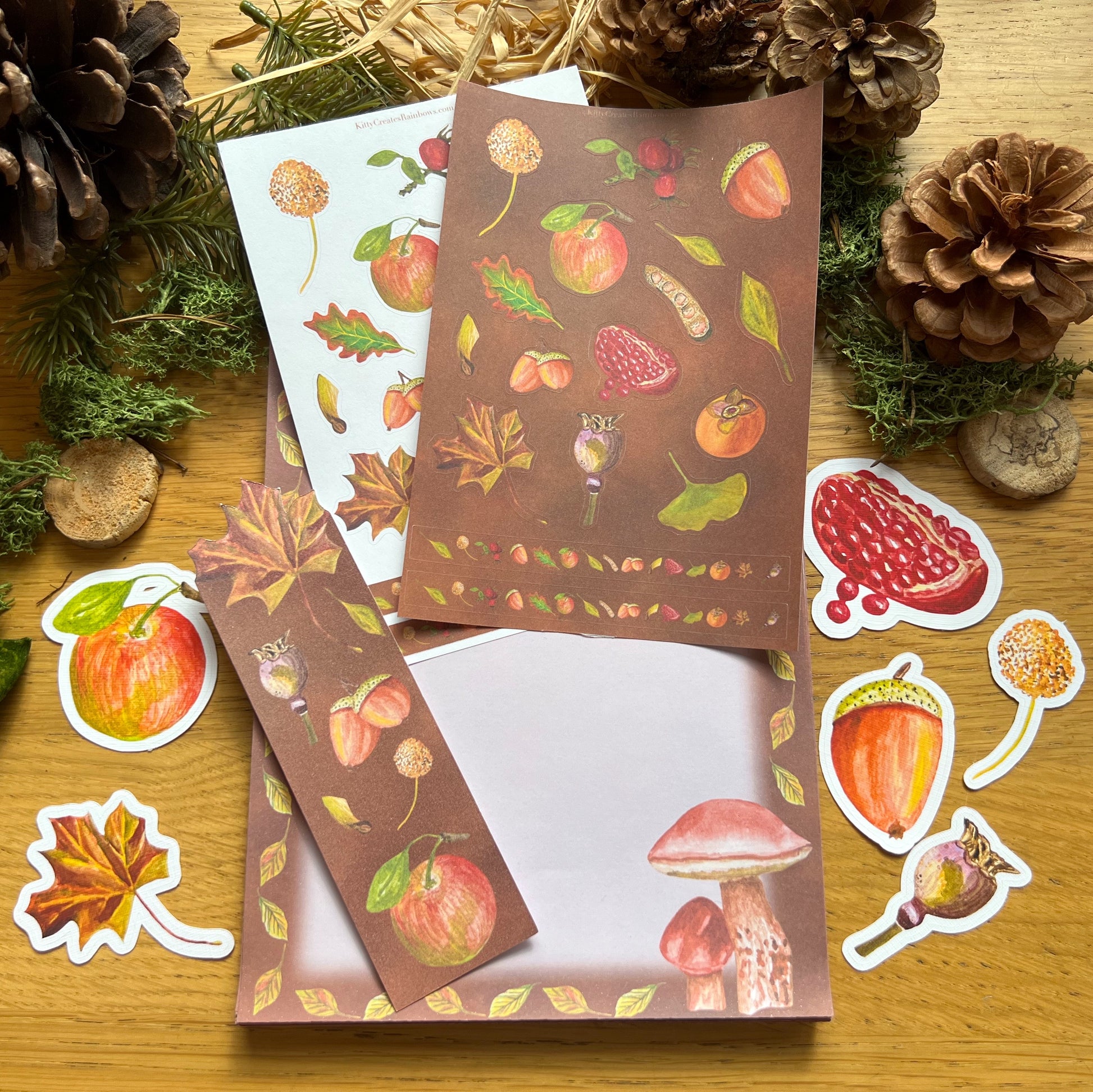 Fall forage stationery set flay lay on decorated wooden table