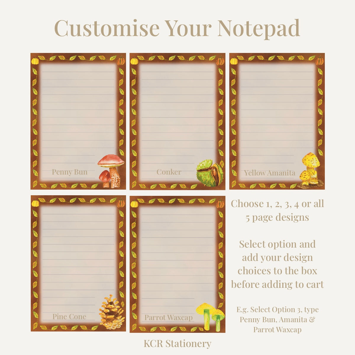 Fall forage notepad custom guide showing how to build your notepad choosing 1,2,3,4 or 5 designs across 50 pages