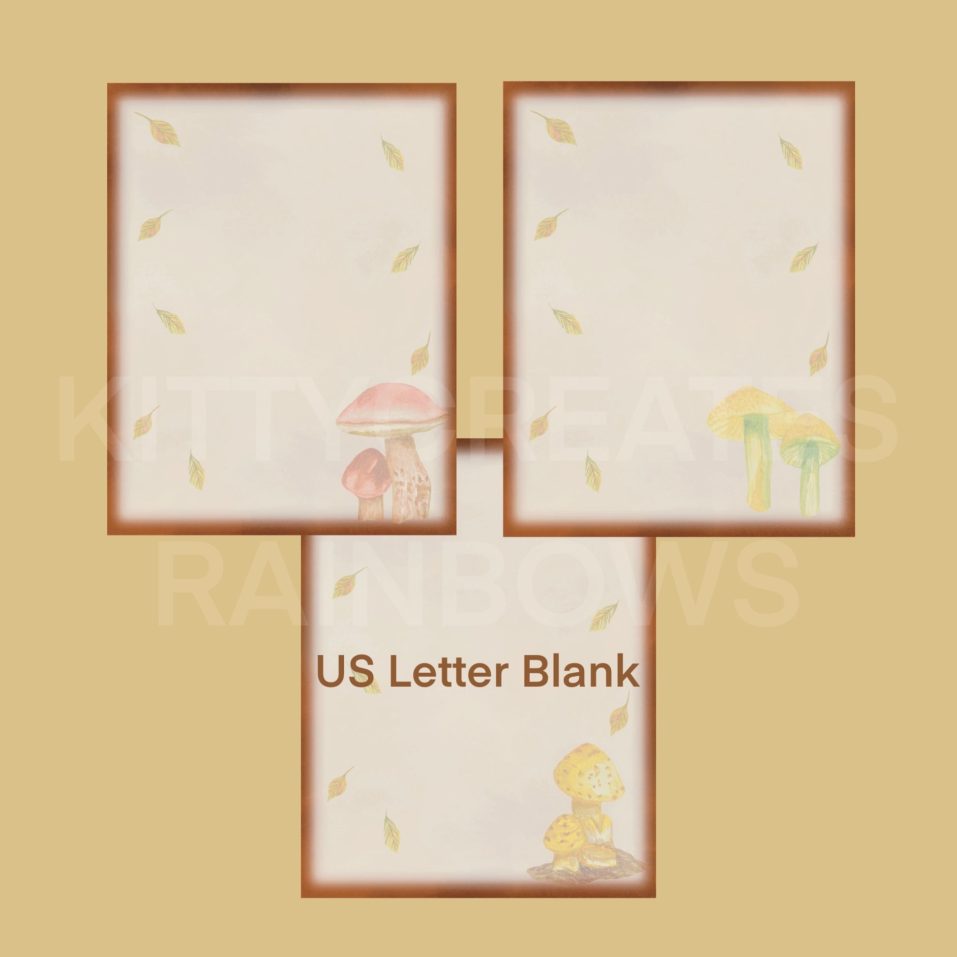 3 images of Fall Forage Mushroom Writing Papers on a light brown yellow background and a white watermark saying Kitty Creates Rainbows. Text on bottom of image also says in brown text US Letter Blank