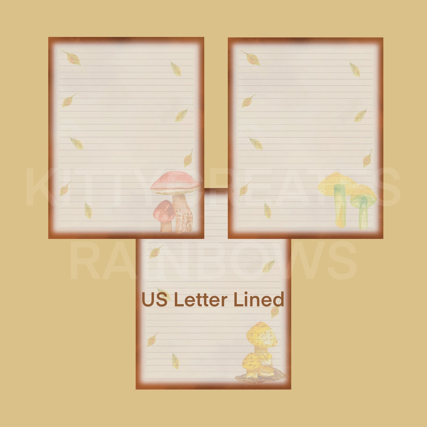 3 images of Fall Forage Mushroom Writing Papers on a light brown yellow background and a white watermark saying Kitty Creates Rainbows. Text on bottom of image also says in brown text US Letter Lined