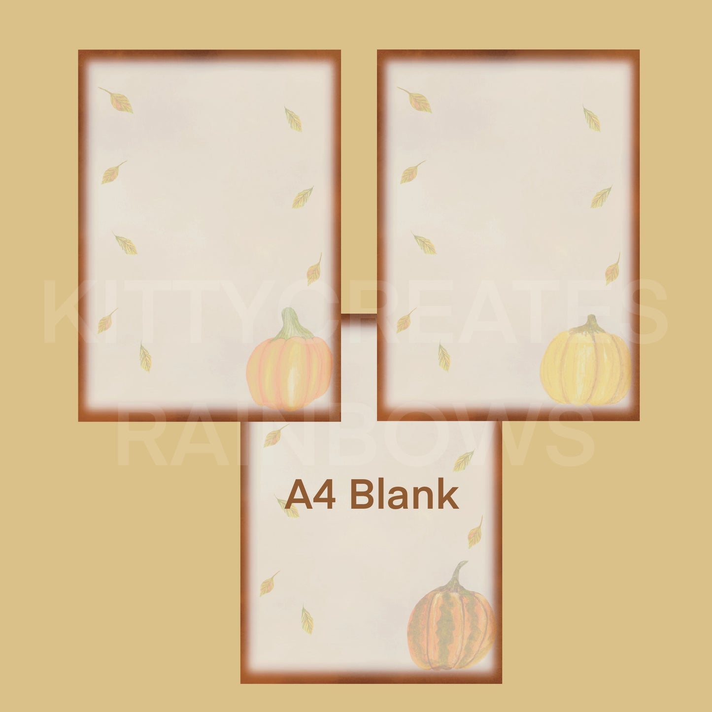3 images of Fall Forage Pumpkin Writing Papers on a light brown yellow background and a white watermark saying Kitty Creates Rainbows. Text on bottom of image also says in brown text A4 Blank