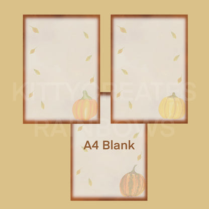 3 images of Fall Forage Pumpkin Writing Papers on a light brown yellow background and a white watermark saying Kitty Creates Rainbows. Text on bottom of image also says in brown text A4 Blank