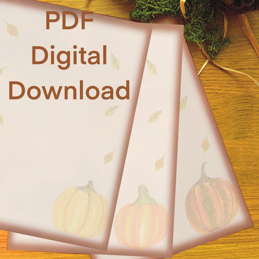 3 Fall Forage Pumpkin illustrated writing pages fanned on a wooden table decorated with green moss and straw. Image has text overlay saying PDF Digital Download. Pages have pumpkins and leaves illustrated in them with a narrow warm brown border around each page.