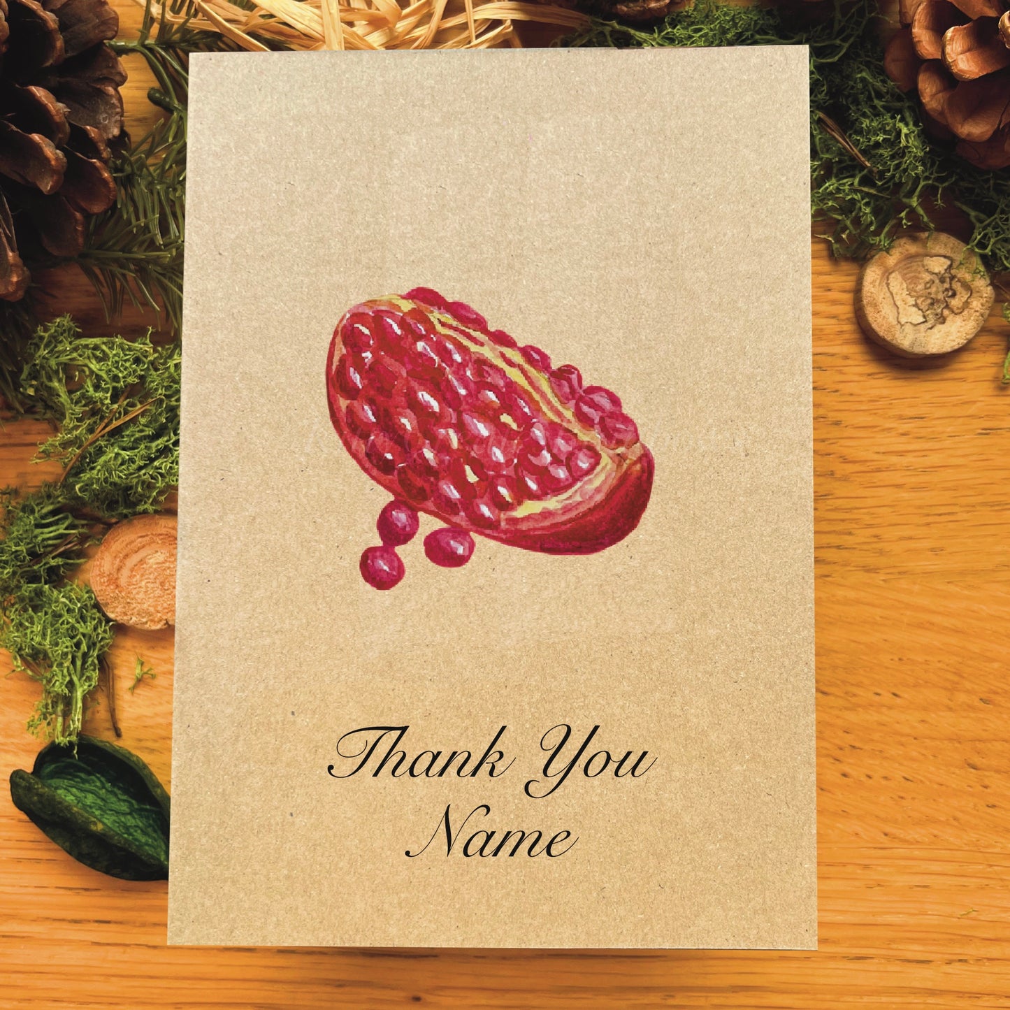 Pomegranate slice watercolour illustrated Manila recycled card with sample Thank You Name text in script