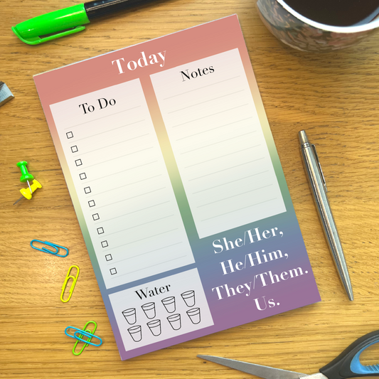 LGBTQIA+ Pride Flag Planner featuring To Do list section, Note section, Water section with 7 glass icons, and a quote saying She, Her, He, Him, They, Them, Us.