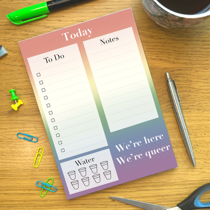 LGBTQIA+ Pride Flag Planner featuring To Do list section, Note section, Water section with 7 glass icons, and a quote saying We’re here, we’re queer