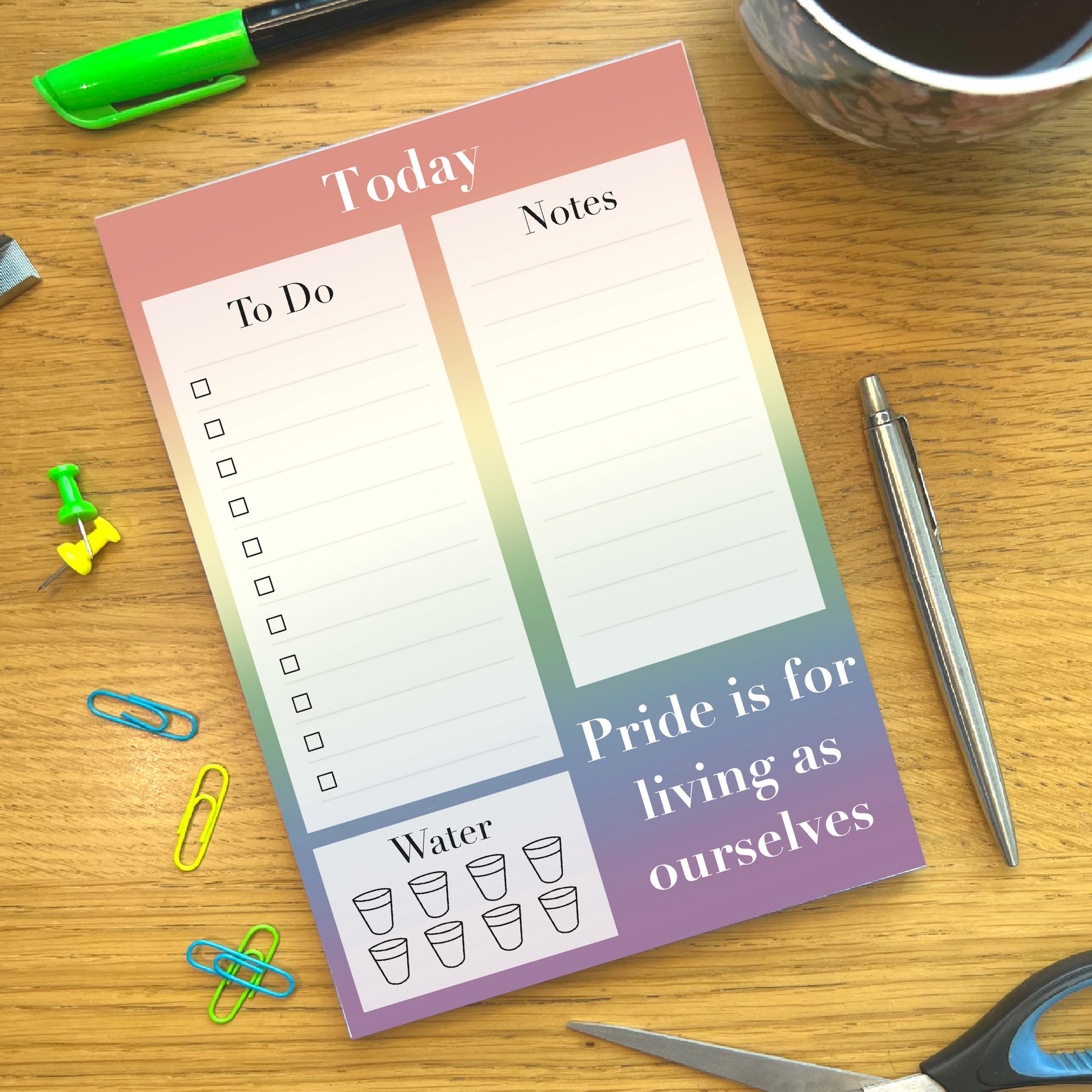 LGBTQIA+ Pride Flag Planner featuring To Do list section, Note section, Water section with 7 glass icons, and a quote saying Pride is for living as ourselves