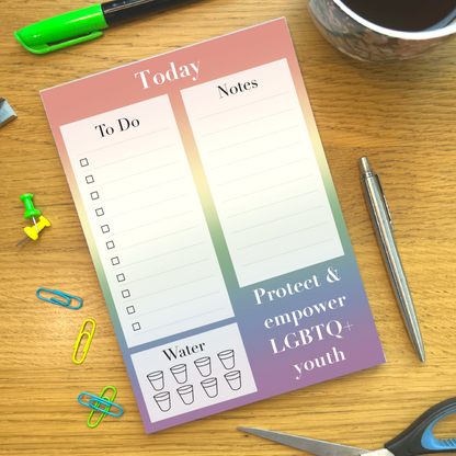 LGBTQIA+ Pride Flag Planner featuring To Do list section, Note section, Water section with 7 glass icons, and a quote saying Protect & empower LGBTQ+ youth