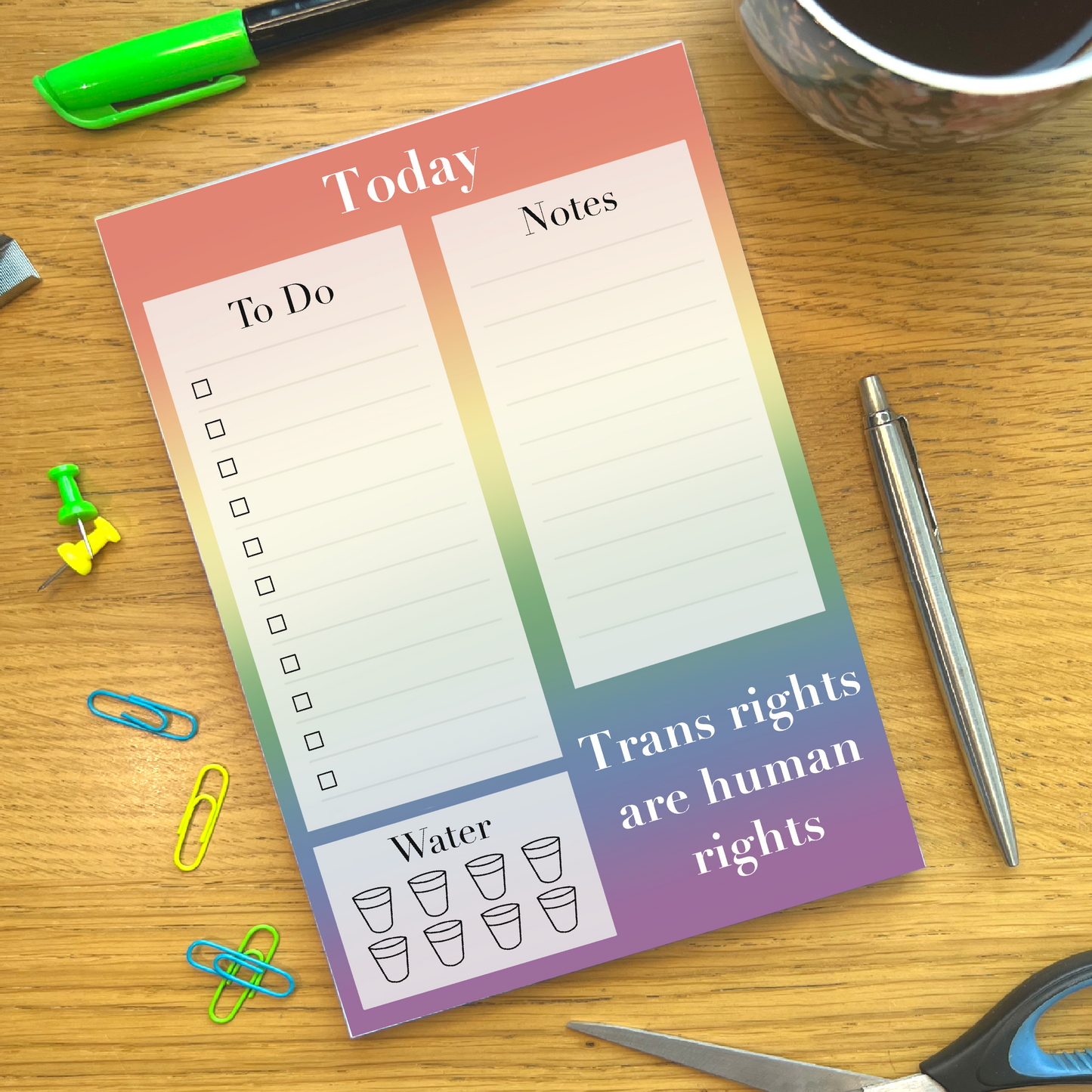 LGBTQIA+ Pride Flag Planner featuring To Do list section, Note section, Water section with 7 glass icons, and a quote saying Trans rights are human rights
