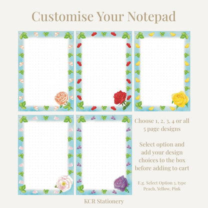 Rose garden notepad custom guide showing how to build your notepad selecting 1,2,3,4,or 5 of the designs