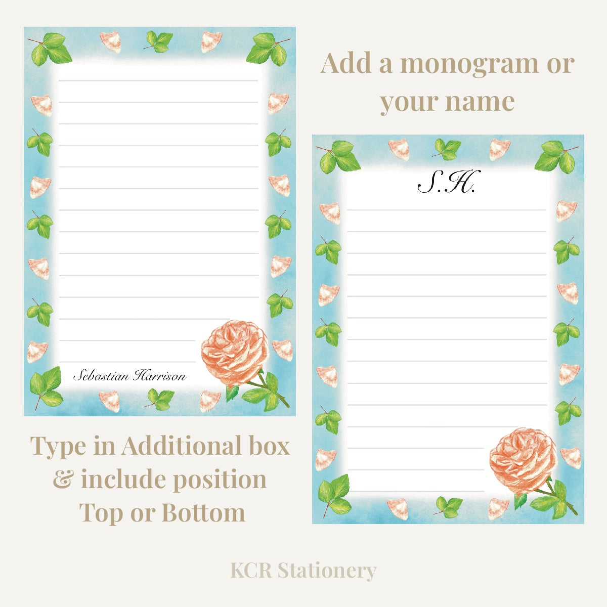 Rose garden notepad custom guide showing how custom name or monogram will look on a notepad page at the top or bottom