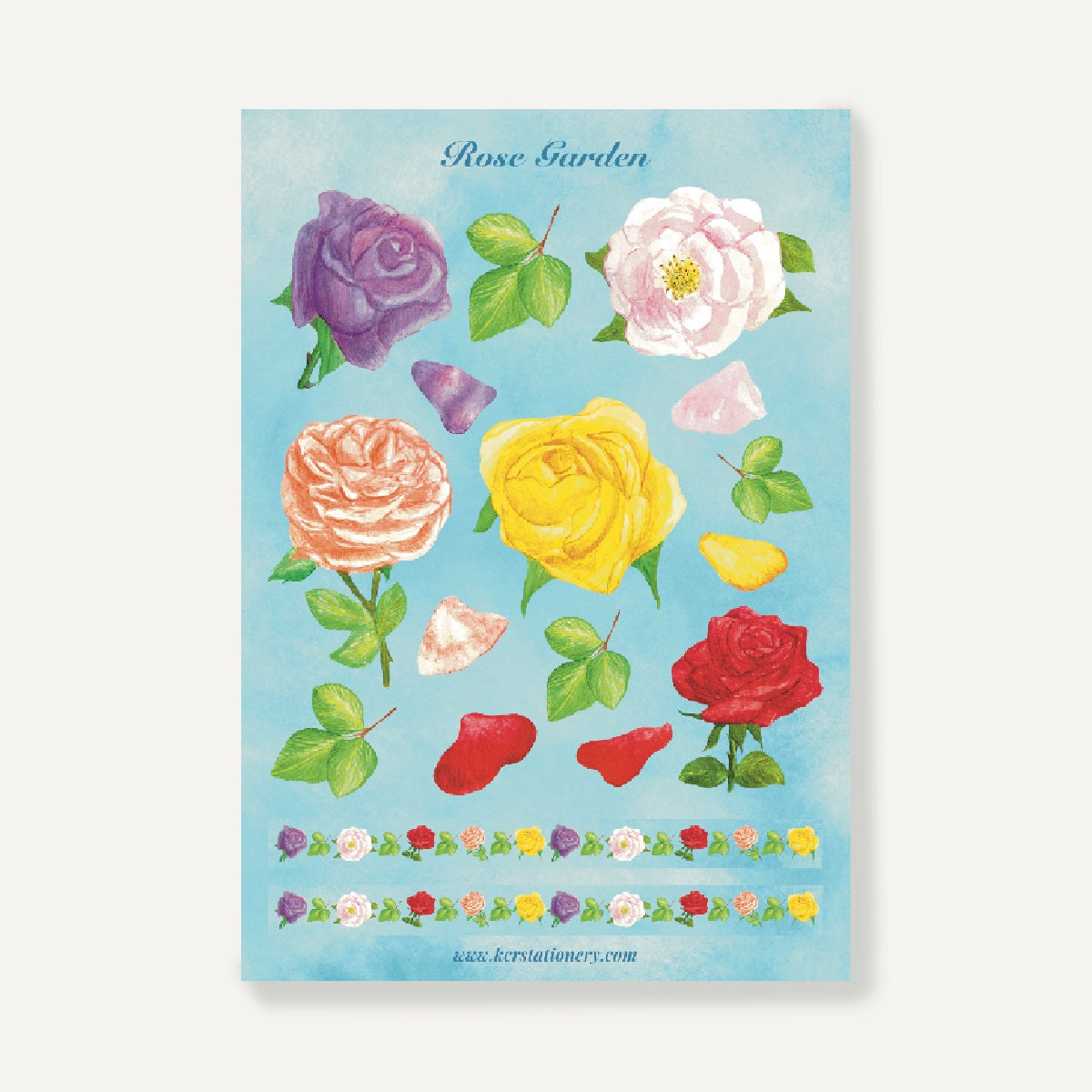 Rose garden decorative sticker sheet in sky blue on a plain background 