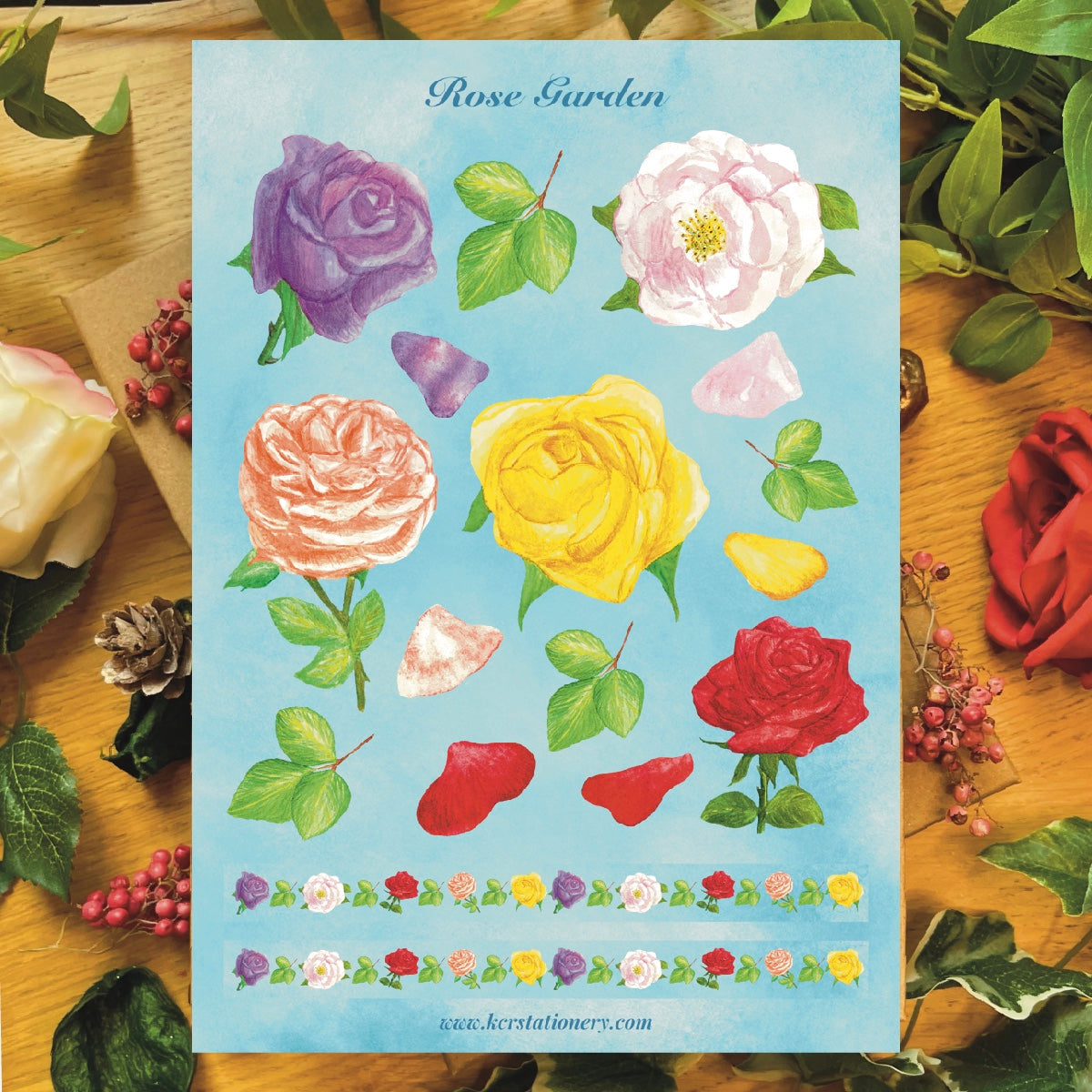Rose garden decorative sticker sheet with 2 Washi strips on a sky blue background 