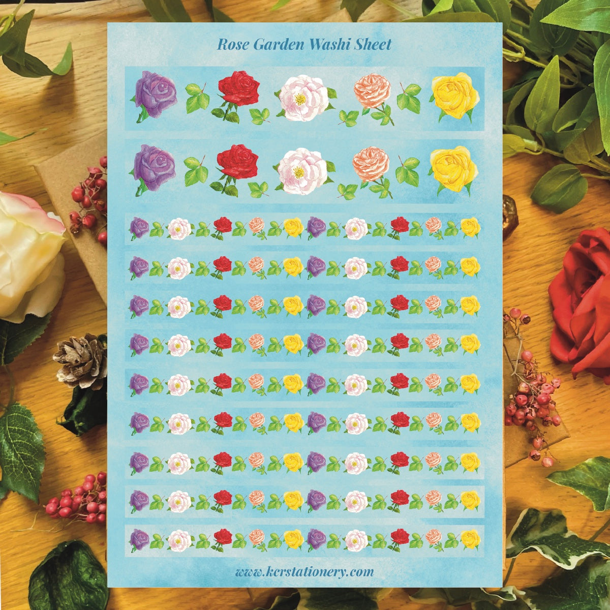 Rose garden Washi sheet with 2 wide and 9 narrow Washi strip samplers decorated with roses on a sky blue background 