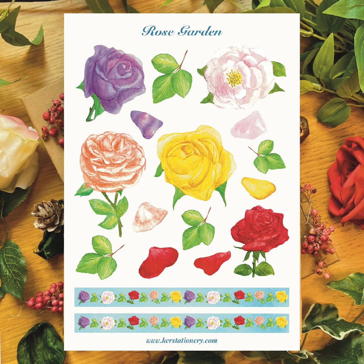 White version of the rose garden decorative sticker sheet featuring a white background except the Washi strips that have a sky blue background 
