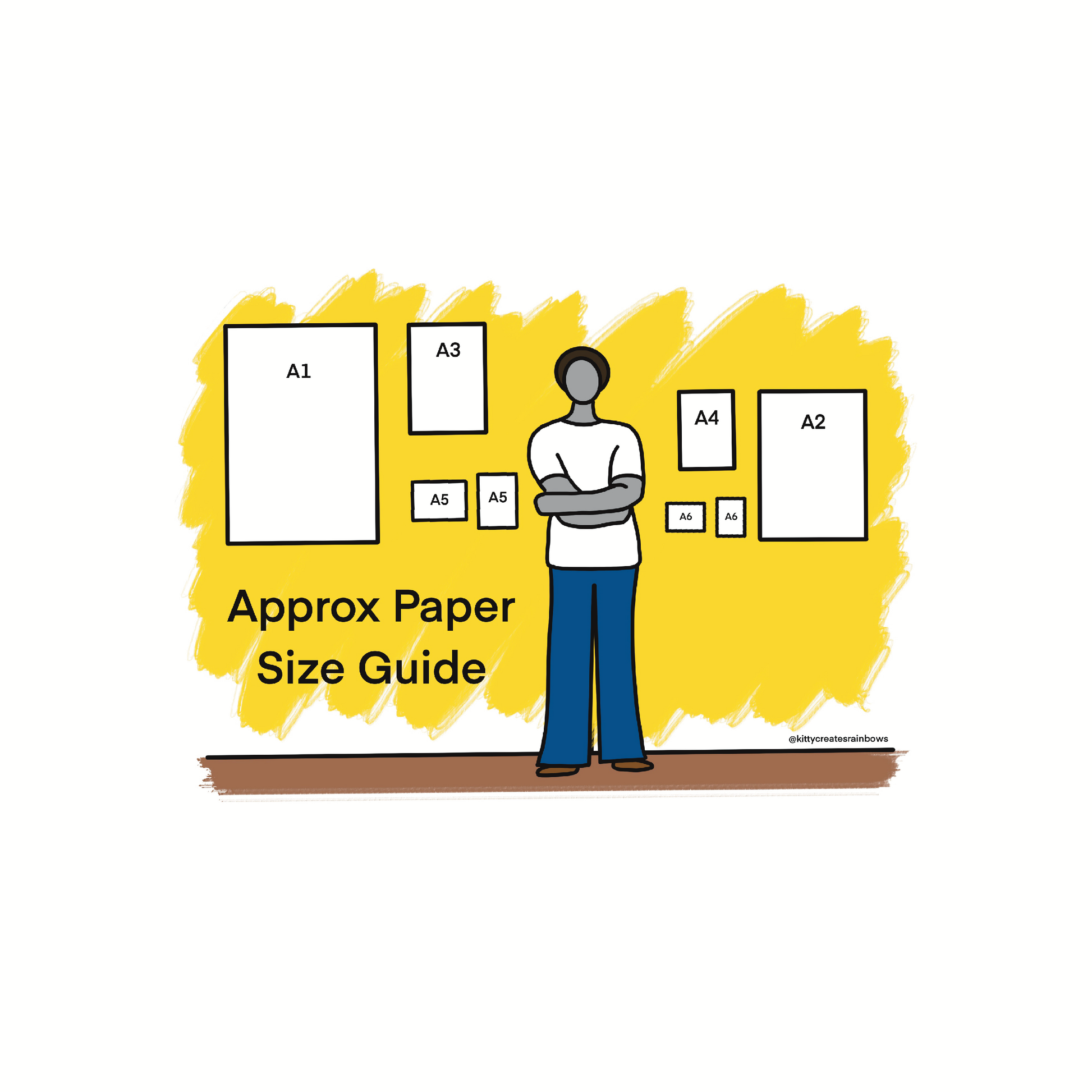 Page size dimensions image featuring white framed illustrations of paper sizes, with an illustrated figure stood in front for visual reference.