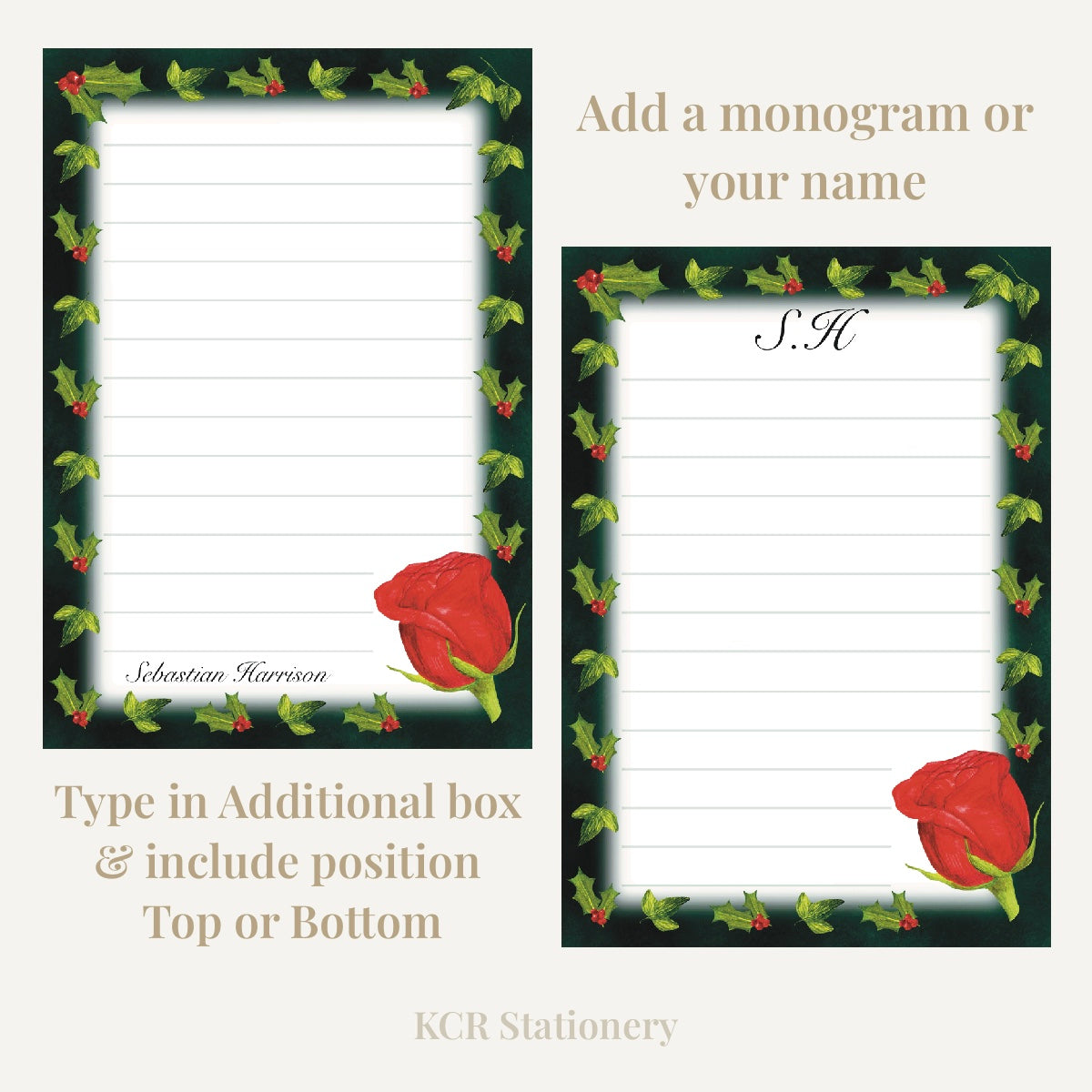 Winter Bloom notepad custom guide showing how custom name or monogram will look on a notepad page at the top or bottom