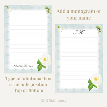 Winter Wanderland notepad custom guide showing how custom name or monogram will look on a notepad page at the top or bottom