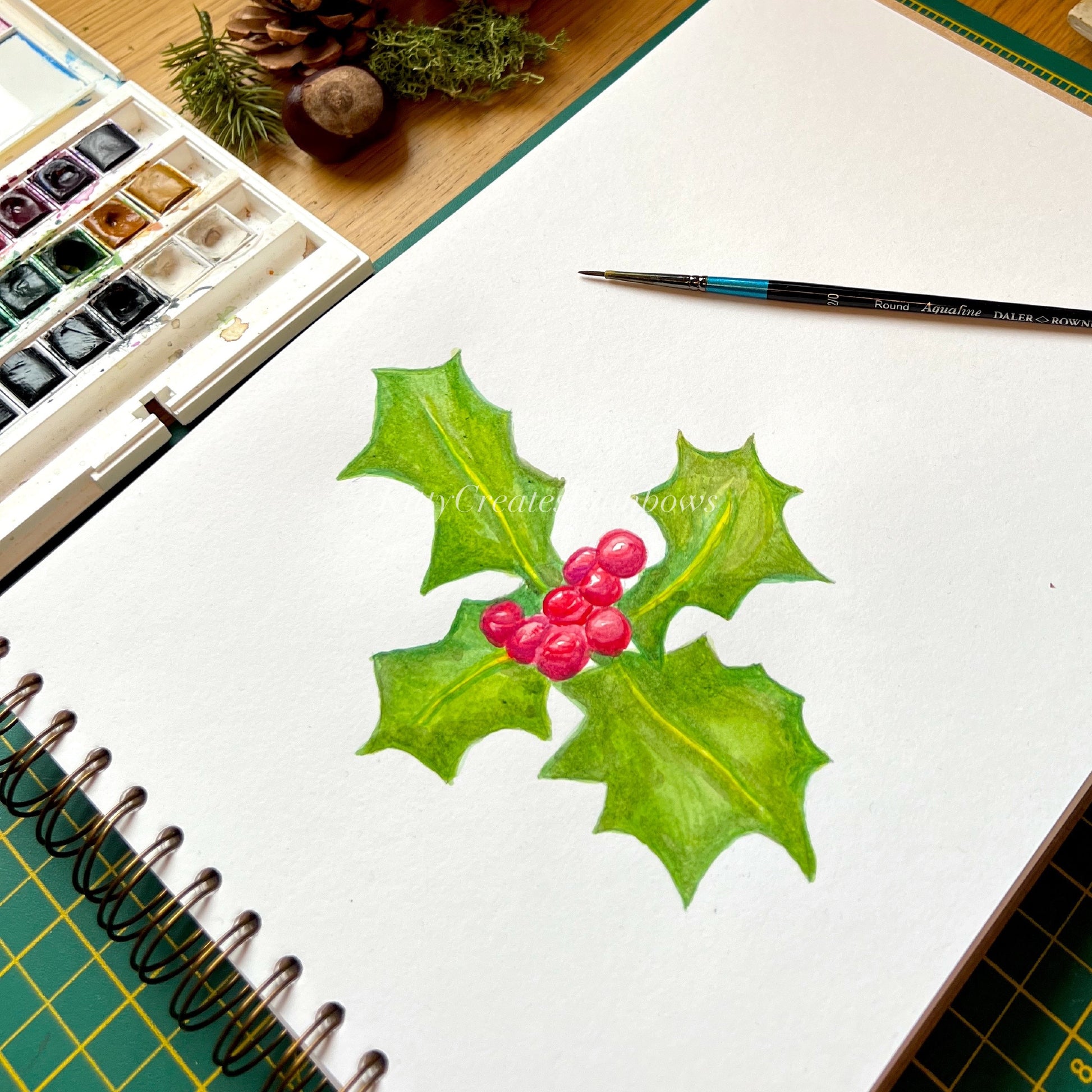 Watercolour painting of English Holly by Kat Lovatt 