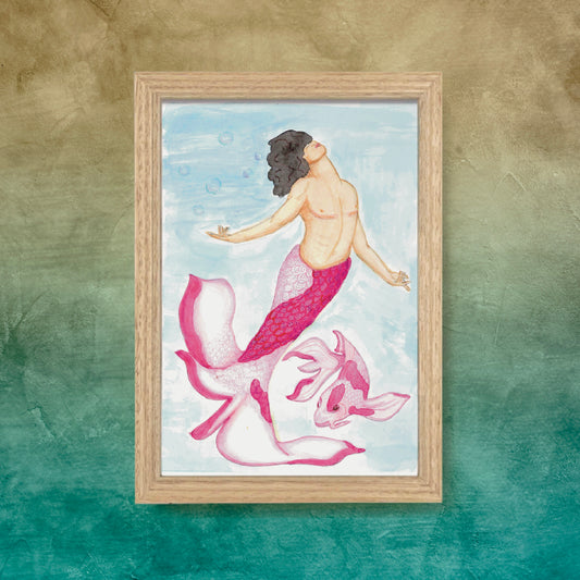 Blossom pink mermaid and koi fish watercolour painting in a wooden frame on a sea green ombré wall