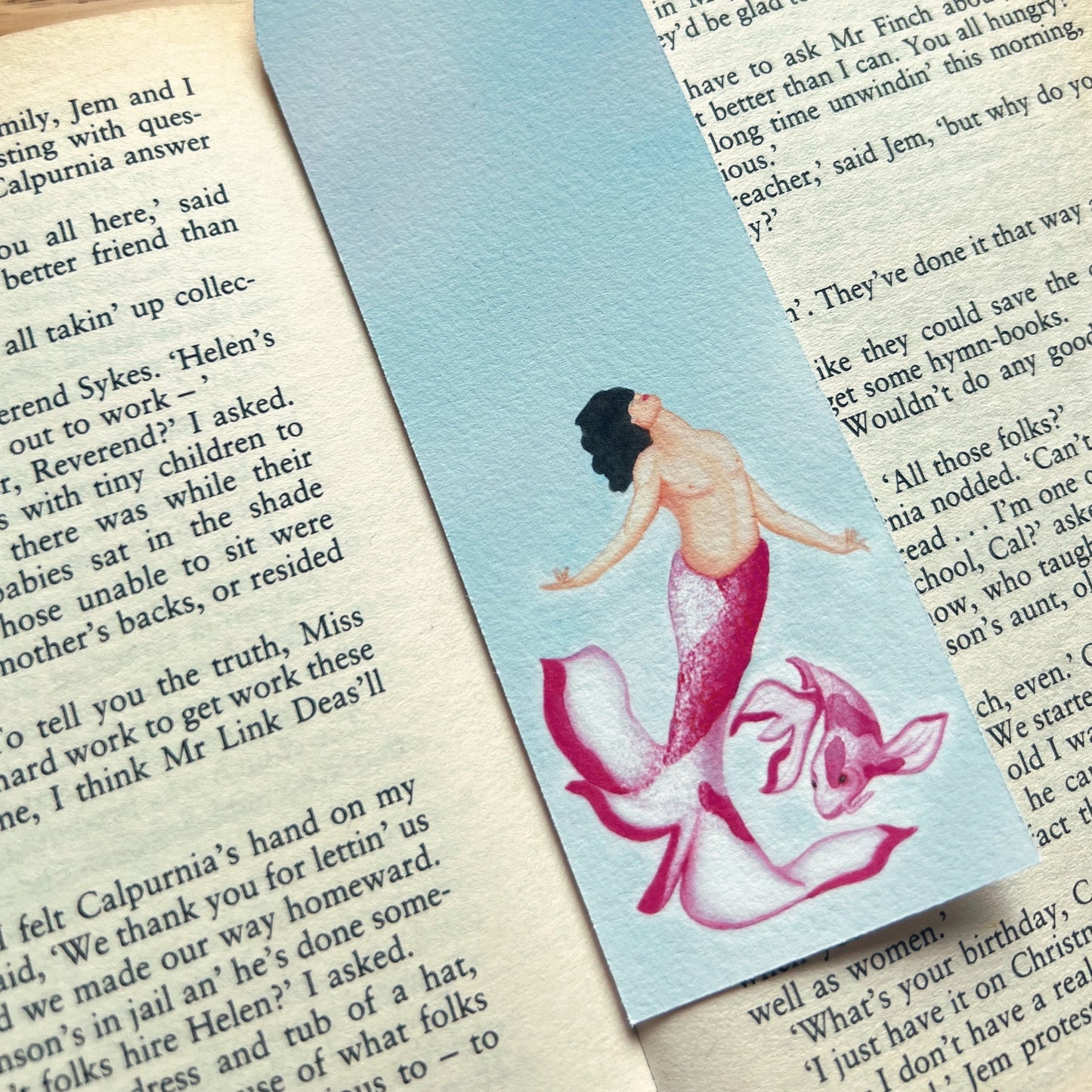 Cherry blossom mermaid painted in watercolour, printed on a luxury handmade bookmark 