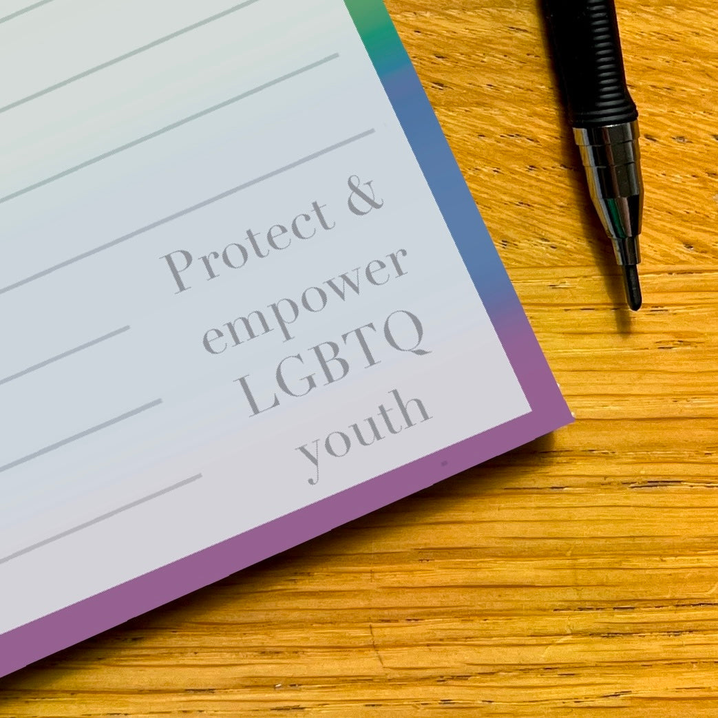 Close up of pride flag rainbow shopping list  lined with text in grey saying Protect & empower LGBTQ youth