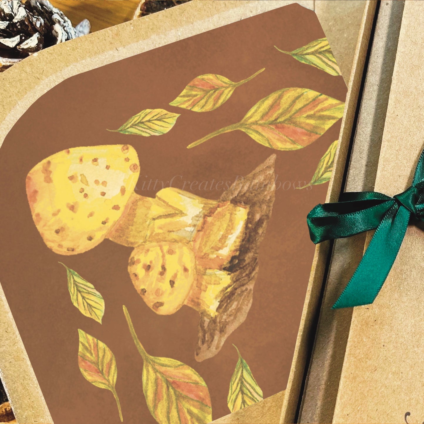 Fall forage mushroom decorative inlay with mushrooms and leaves on the inside of a manila envelope