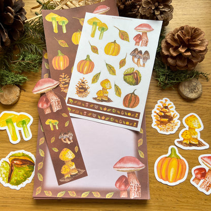 Fall forage stationery set flat lay on wooden table 