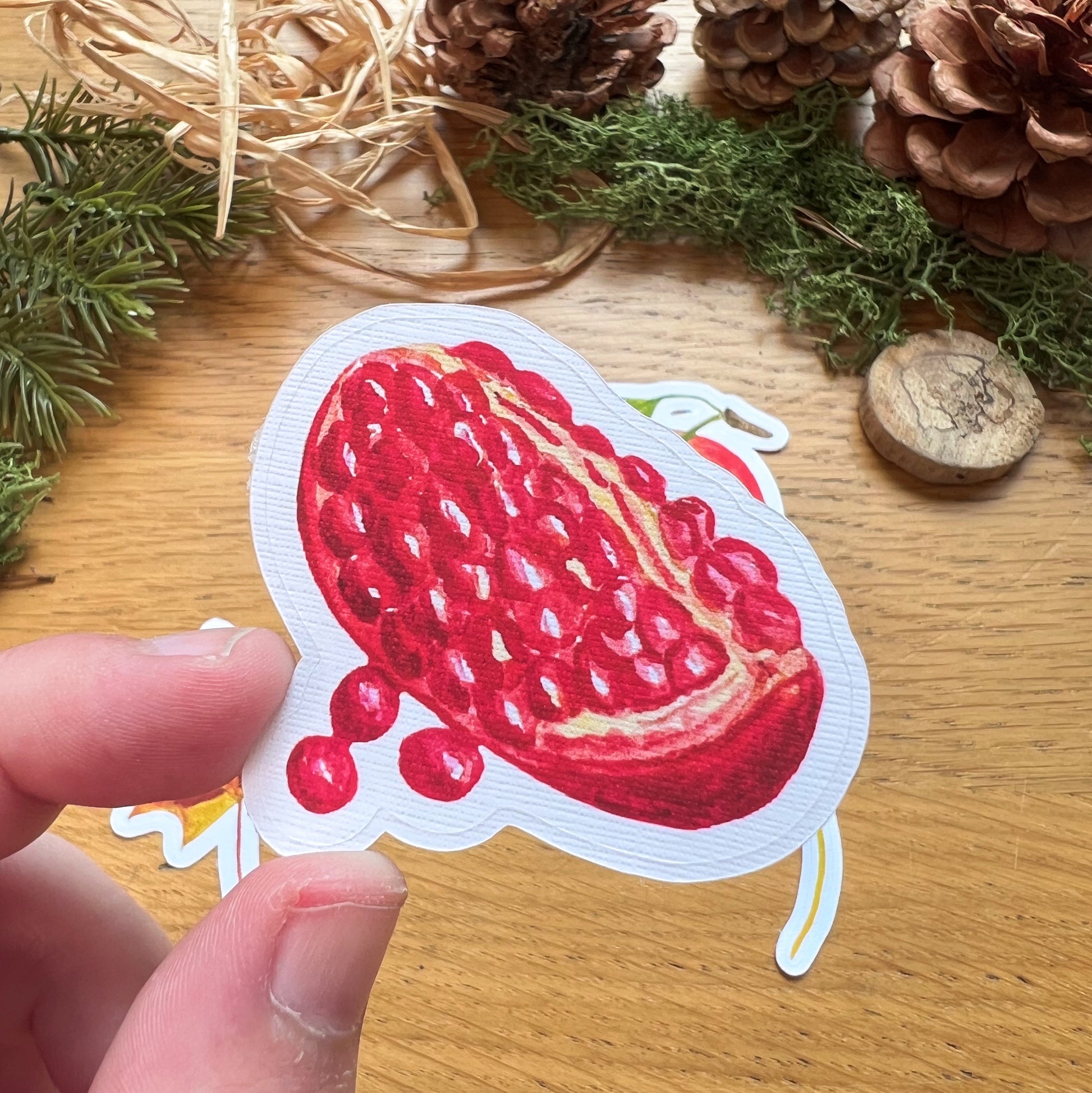 Woodland Walk Pomegranate die cut sticker in matte linen finish with easy peel border in white